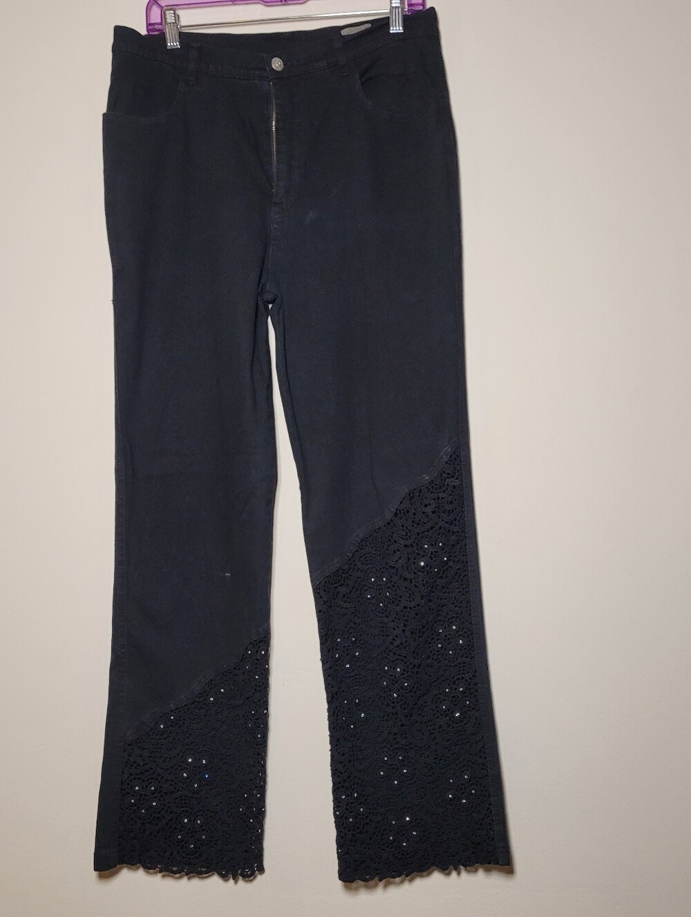 Variations Women's Jeans Lace-Hem Studd Large Black Boho Hippie Festive Straight